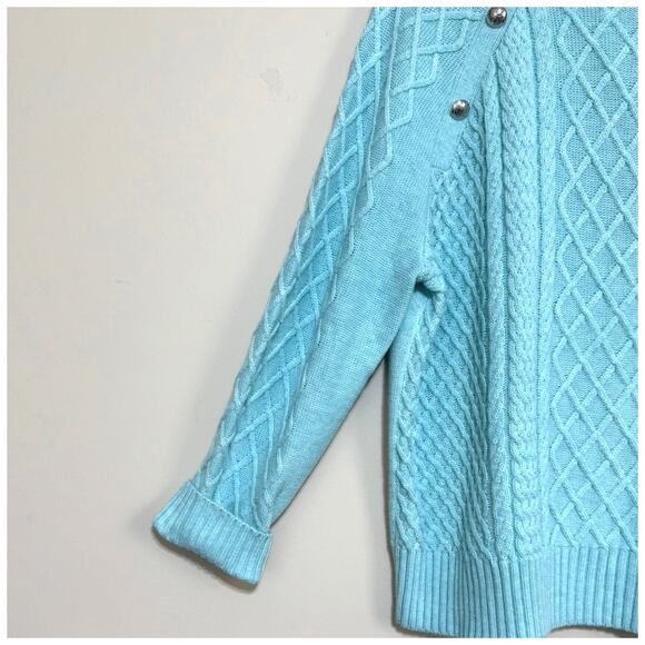 Talbots Women’s XL 16/18  Blue Cable Knit Mock Neck Sweater Silver Buttons - Picture 8 of 12